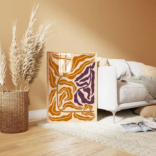 Nowoczesny plakat z abstrakcyjnym motywem jesiennym wiszący w minimalistycznym salonie