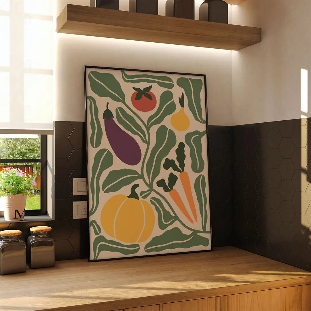 Plakat z warzywami wiszący na ścianie w nowoczesnej kuchni