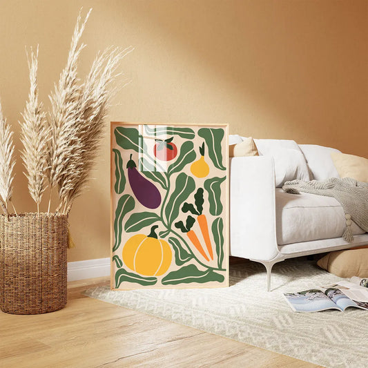 Plakat z warzywami wiszący na ścianie