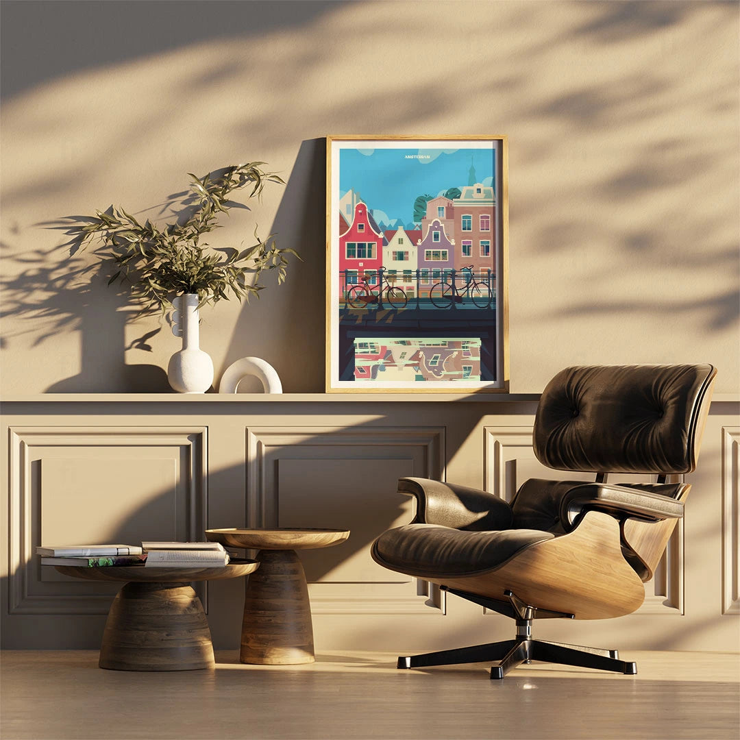 Ilustracja plakatu z Amsterdamu – architektura kamienic nad kanałem