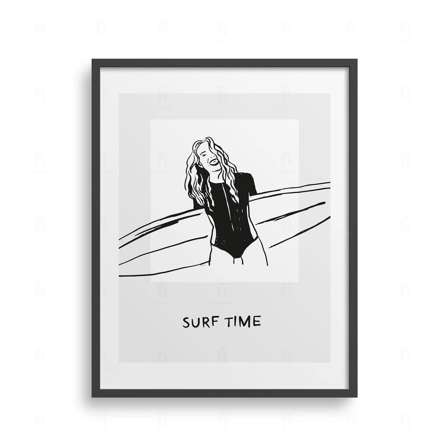 Plakat z radosną grafiką przedstawiającą uśmiechniętą kobietę z deską surfingową.