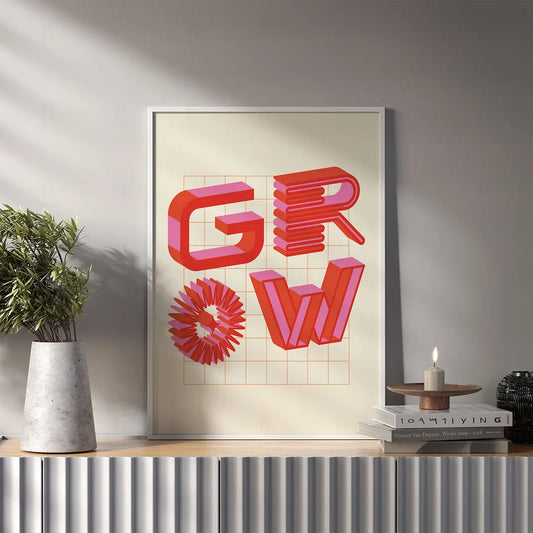 Plakat z dynamiczną, kolorową grafiką i typografią z napisem "GROW".