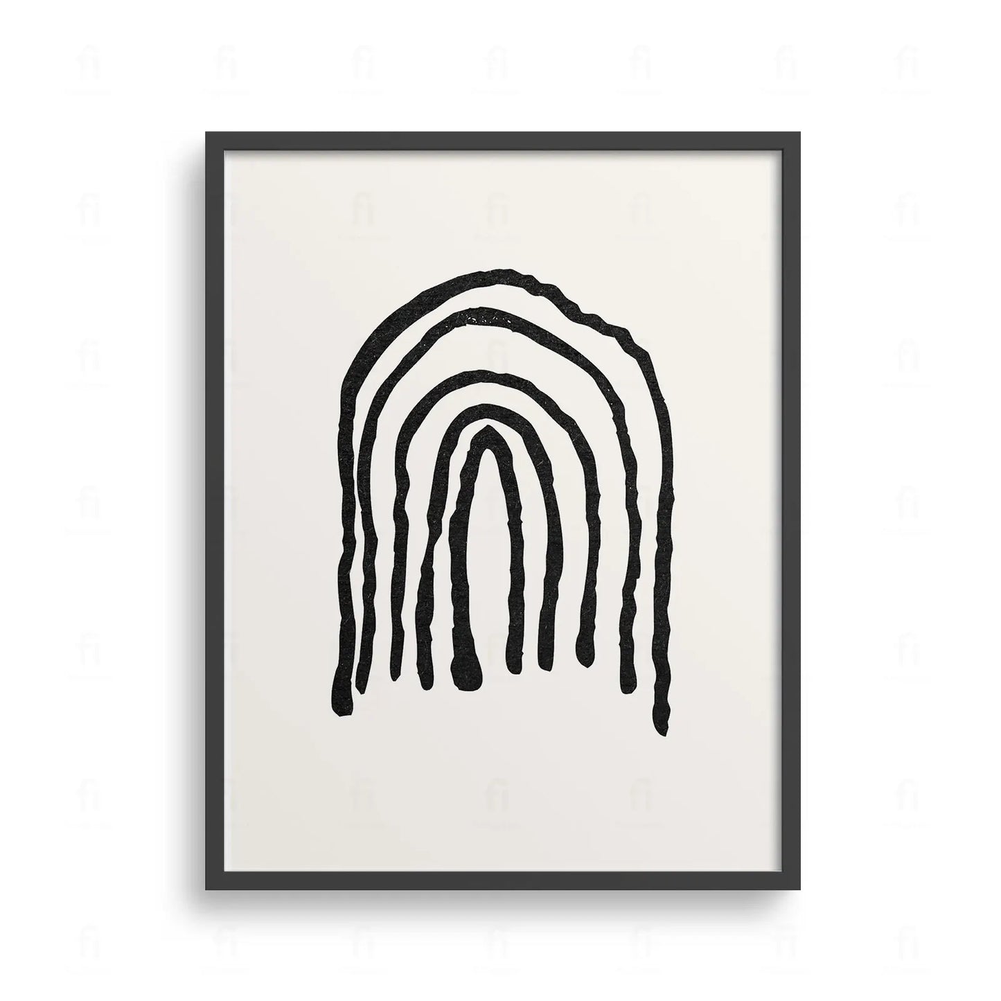 Plakat z abstrakcyjną, czarno-białą grafiką przedstawiającą stylizowaną tęczę w stylu boho.