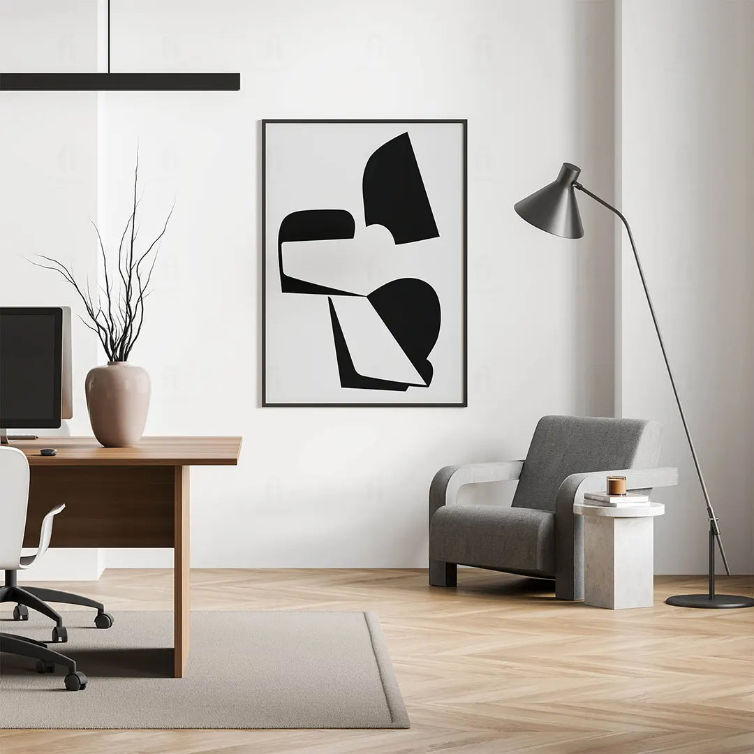 Plakat z kompozycją geometryczną wiszący w nowoczesnym biurze