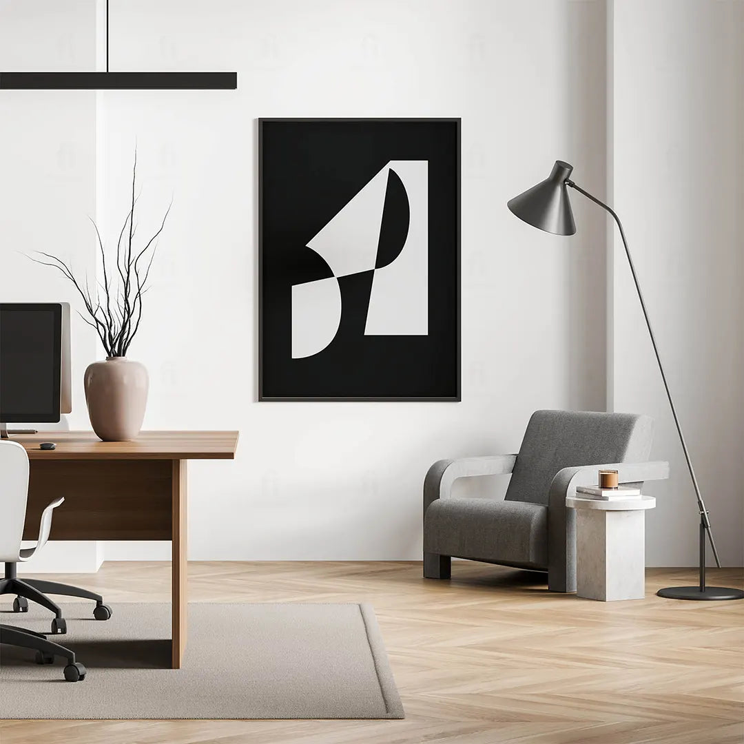 Plakat abstrakcyjny z liniami wiszący w nowoczesnym biurze.