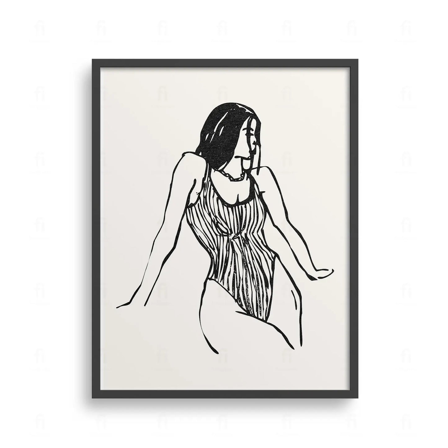 Plakat z czarno-białą grafiką liniową przedstawiającą kobietę w kostiumie kąpielowym.