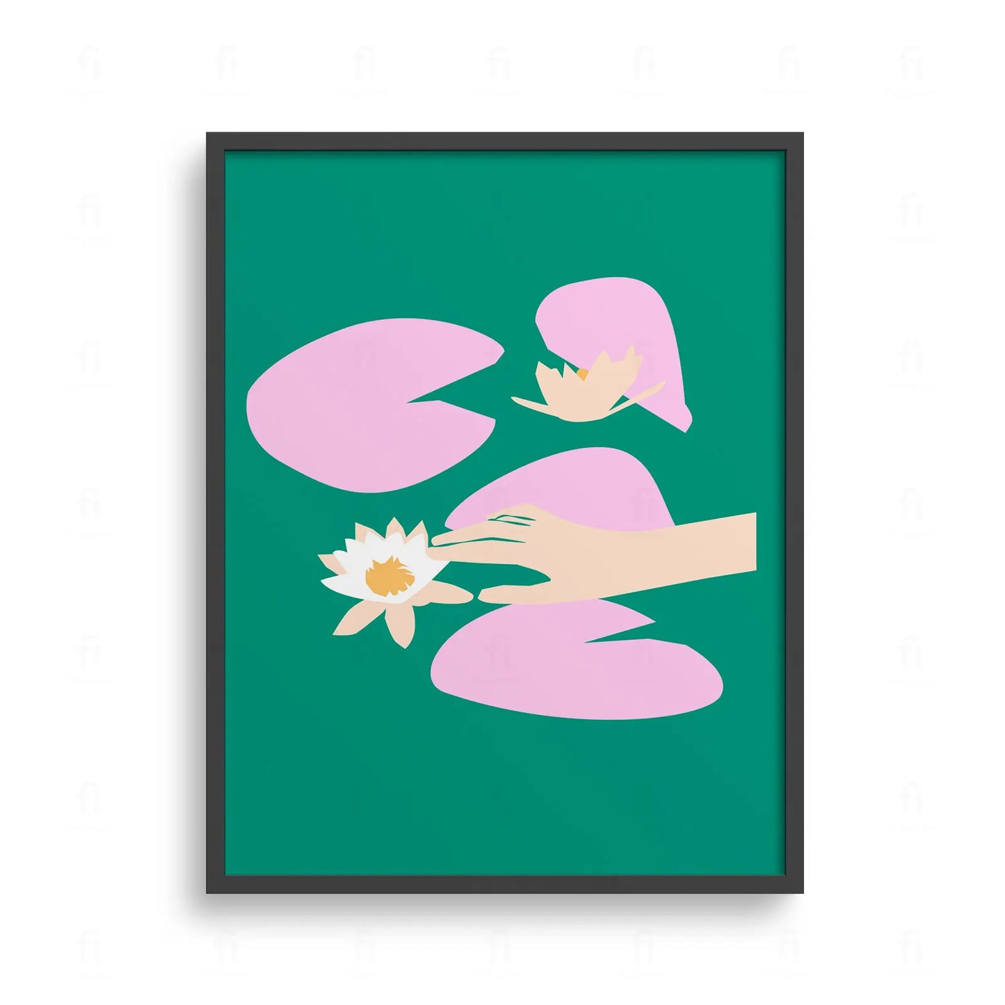 Plakat z artystyczną grafiką przedstawiającą różowe lilie wodne i zielone liście na stawie, w stylu impresjonistycznym.