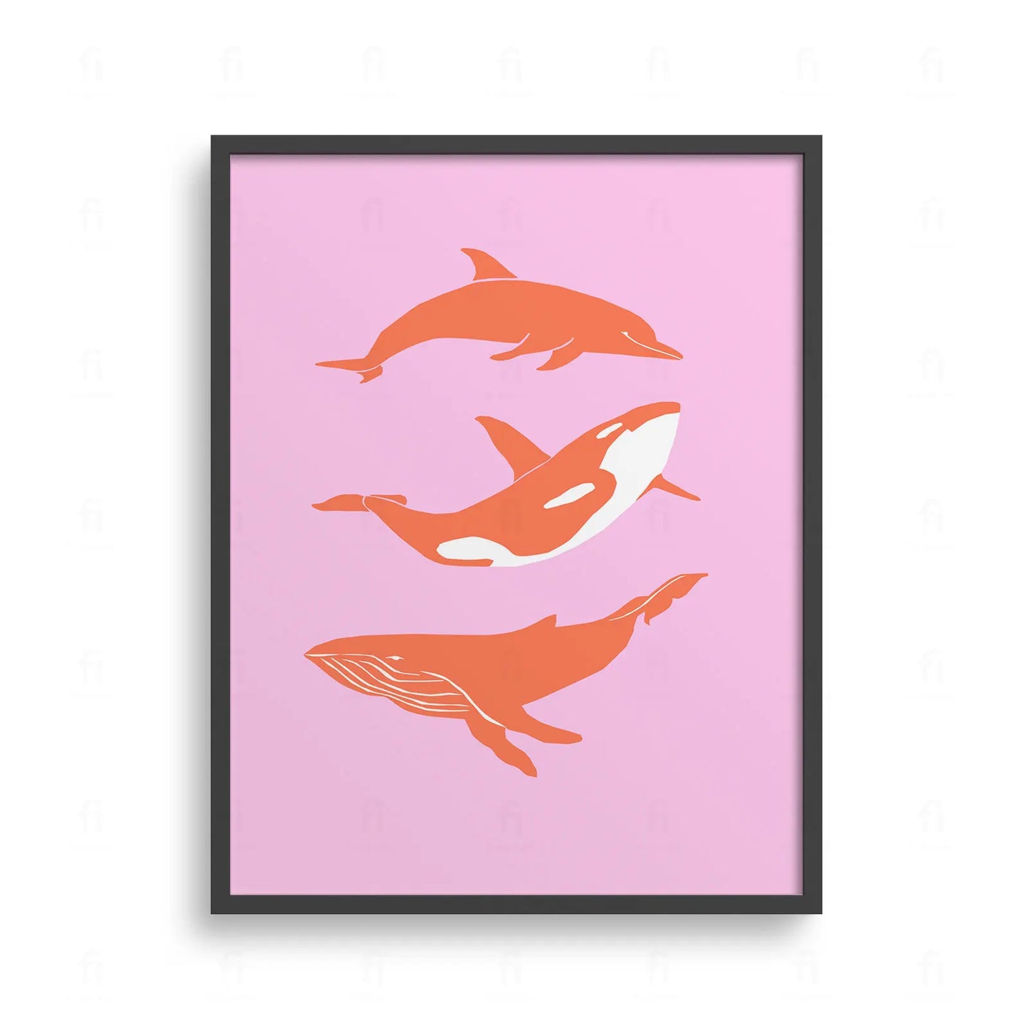 Plakat z grafiką przedstawiającą różne stworzenia morskie, w tym wieloryby i orki, w odcieniach różu i pomarańczu.