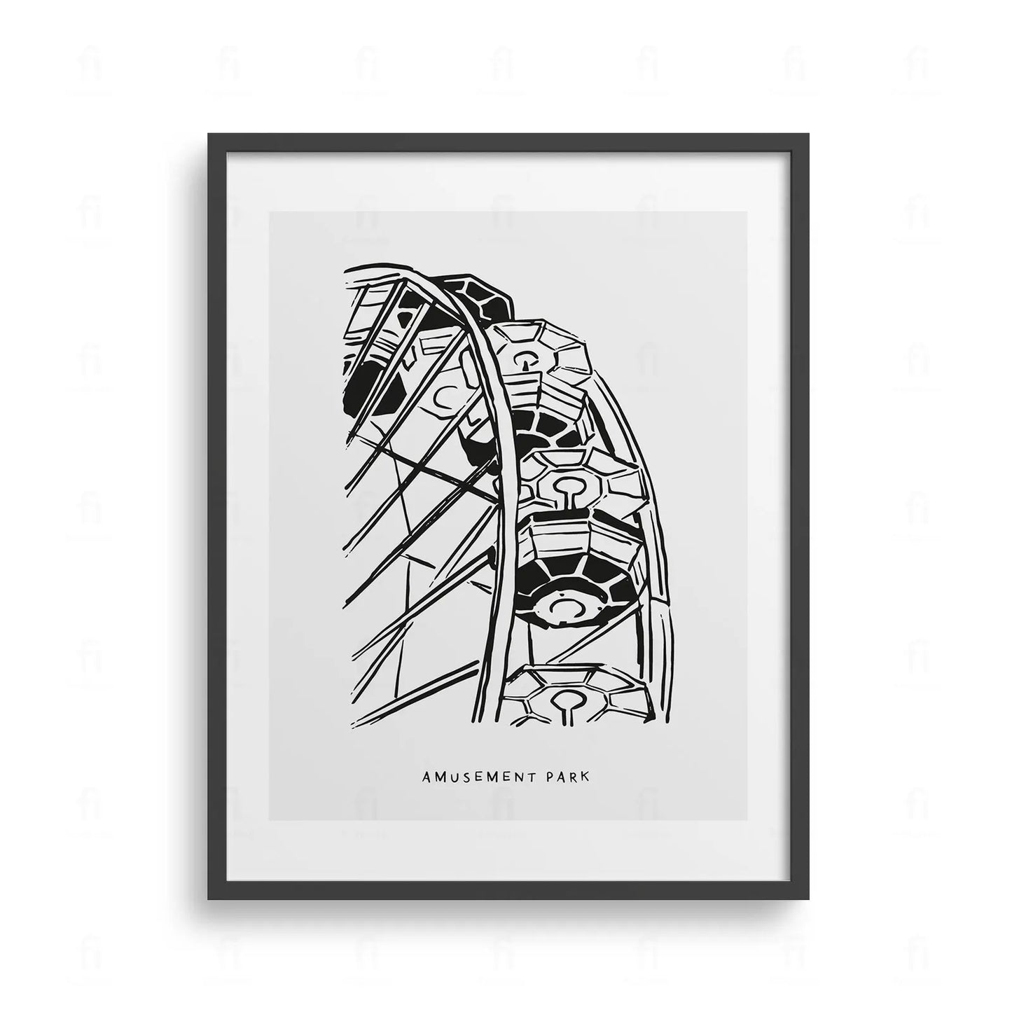 Plakat z kolorową grafiką przedstawiającą diabelski młyn w parku rozrywki.