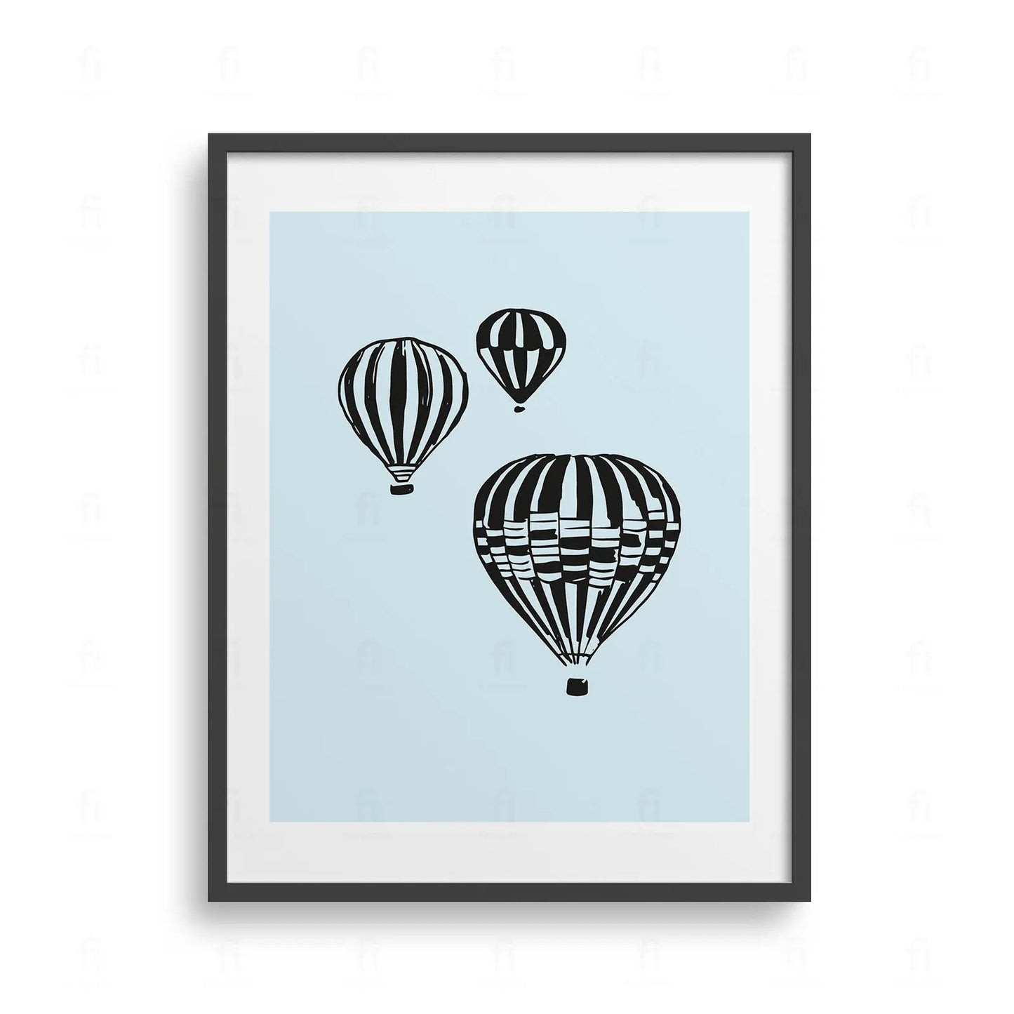 Plakat z artystyczną grafiką przedstawiającą balony na ogrzane powietrze unoszące się na tle gór.