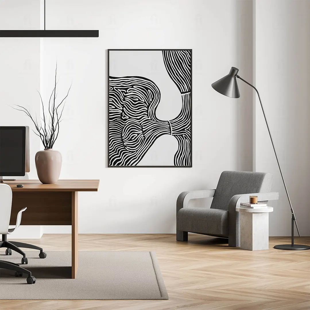 Plakat abstrakcyjny line art wiszący w minimalistycznym biurze