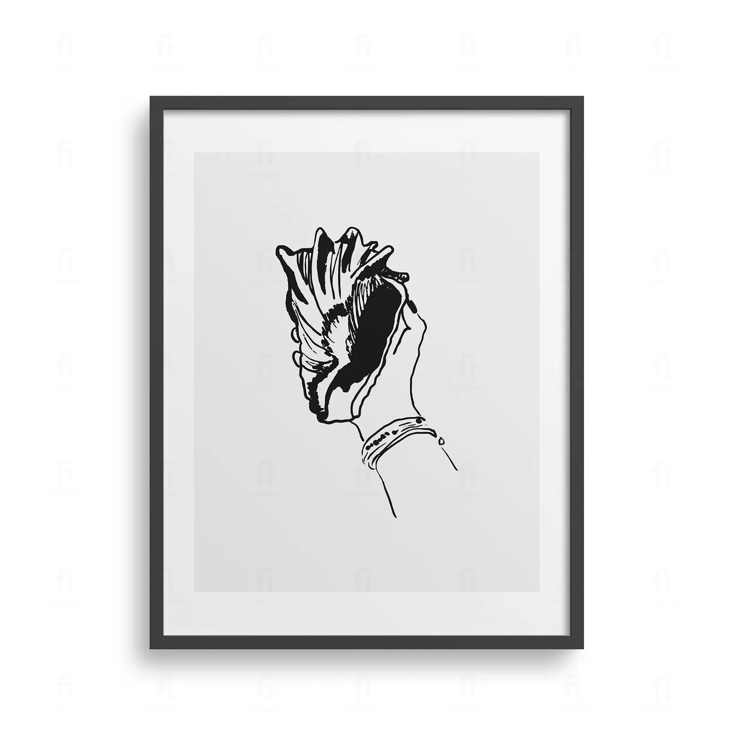 Plakat z minimalistyczną grafiką przedstawiającą muszlę morską w ręce