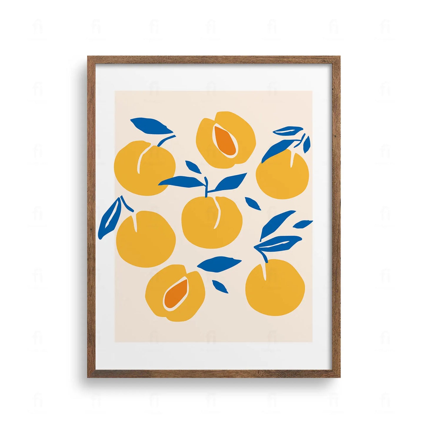 Plakat przedstawiający graficzne, stylizowane morele połączone z niebieskimi liśćmi, umieszczone na jednolitym pomarańczowym tle. Grafika utrzymana jest w żywej, minimalistycznej estetyce.