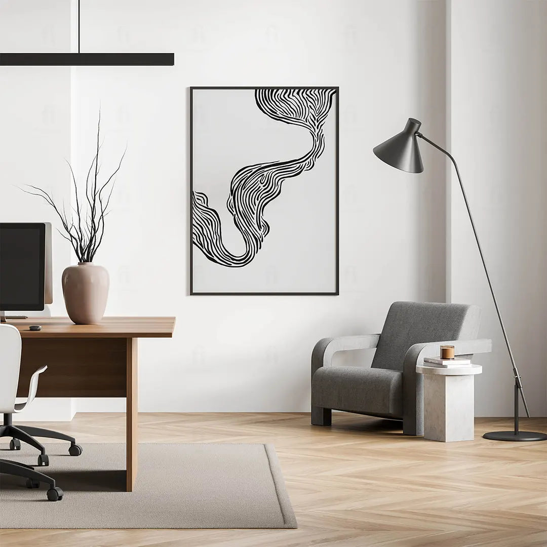 Plakat abstrakcyjny z liniami wiszący w nowoczesnym biurze