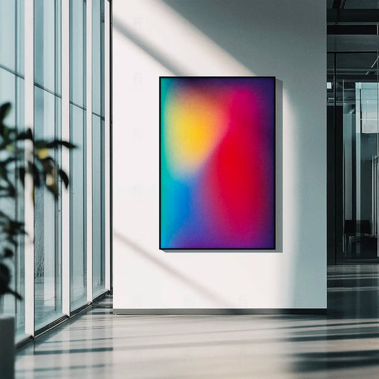 rozmyty gradient w odcieniach różu, pomarańczu i błękitu, przypominający zachód słońca nad wodą.