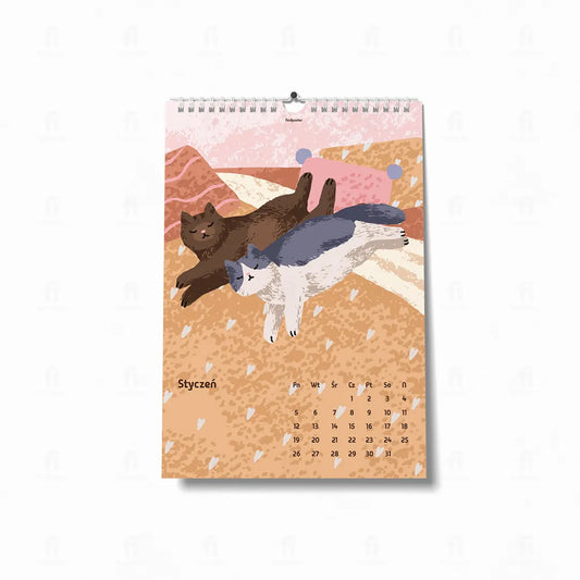 Kalendarz ścienny 2026 – artystyczna ilustracja stycznia z kotami