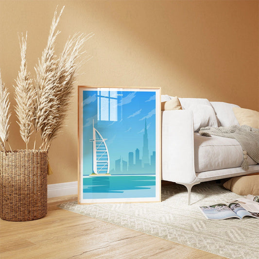 Plakat "Dubaj, ZEA" – minimalistyczna grafika podróżnicza w nowoczesnym wnętrzu