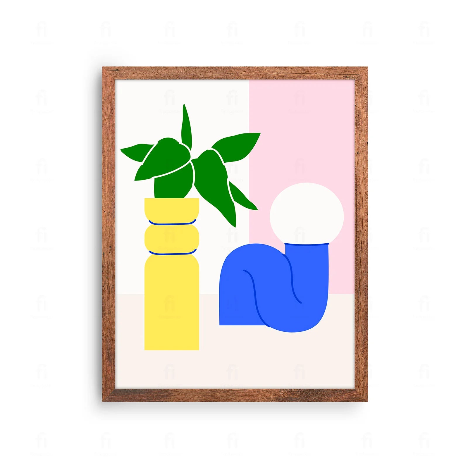 Plakat z abstrakcyjną, geometryczną grafiką przedstawiającą stylizowaną roślinę.
