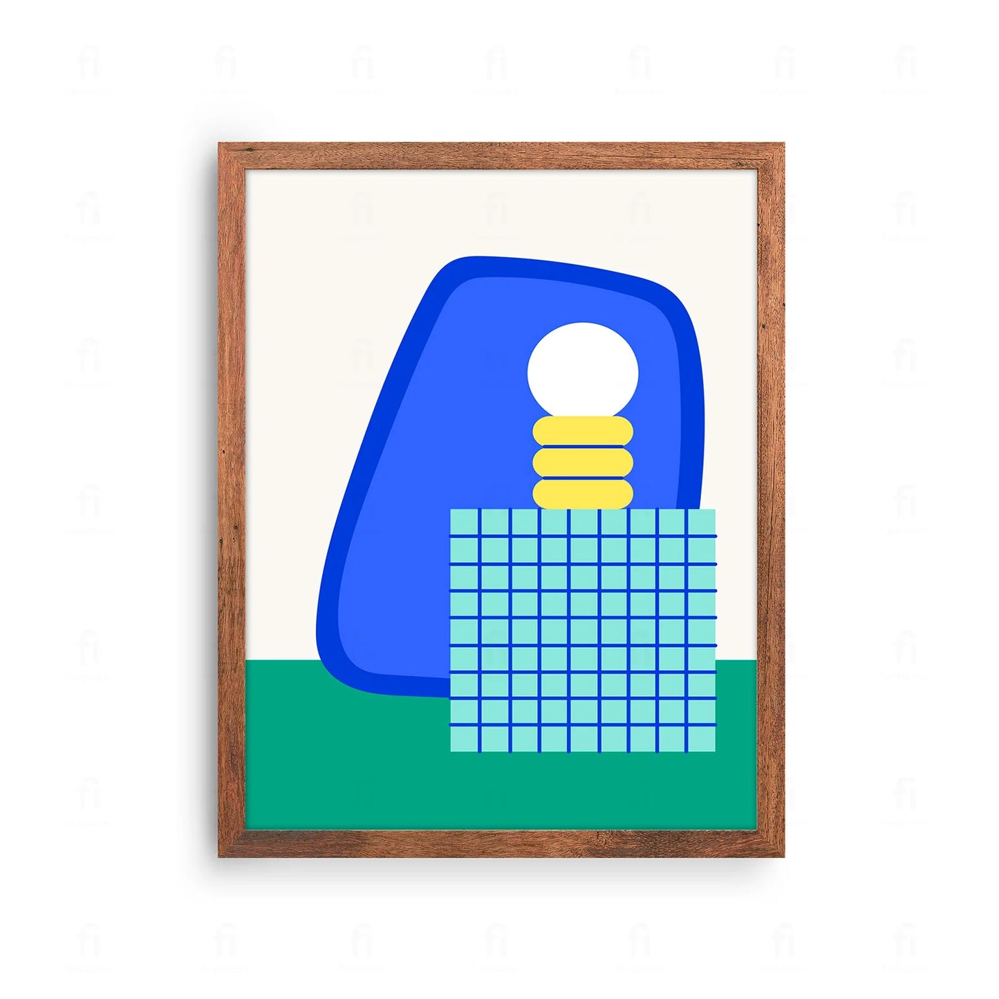 Plakat z abstrakcyjną, geometryczną grafiką przedstawiającą lampę i kwiat.
