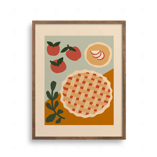 Artystyczna grafika przedstawiająca domową szarlotkę z kratką, świeże jabłka i gałązkę, w ciepłej, jesiennej kolorystyce.