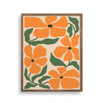 Grafika w stylu retro z dużymi, pomarańczowymi kwiatami i zielonymi liśćmi na jasnym tle.