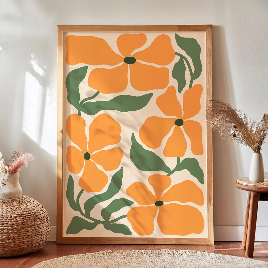 Plakat z pomarańczowymi kwiatami  w stylu boho