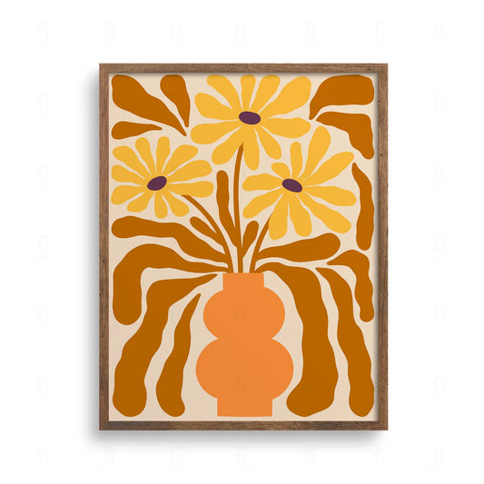 Ilustracja przedstawiająca pomarańczowy wazon o ciekawym kształcie z bukietem trzech dużych, żółtych kwiatów.