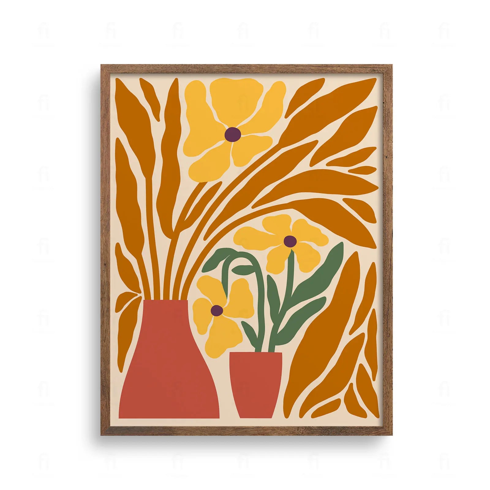 Artystyczna kompozycja przedstawiająca dwa wazony z żółtymi kwiatami i brązowymi liśćmi na jasnym tle.