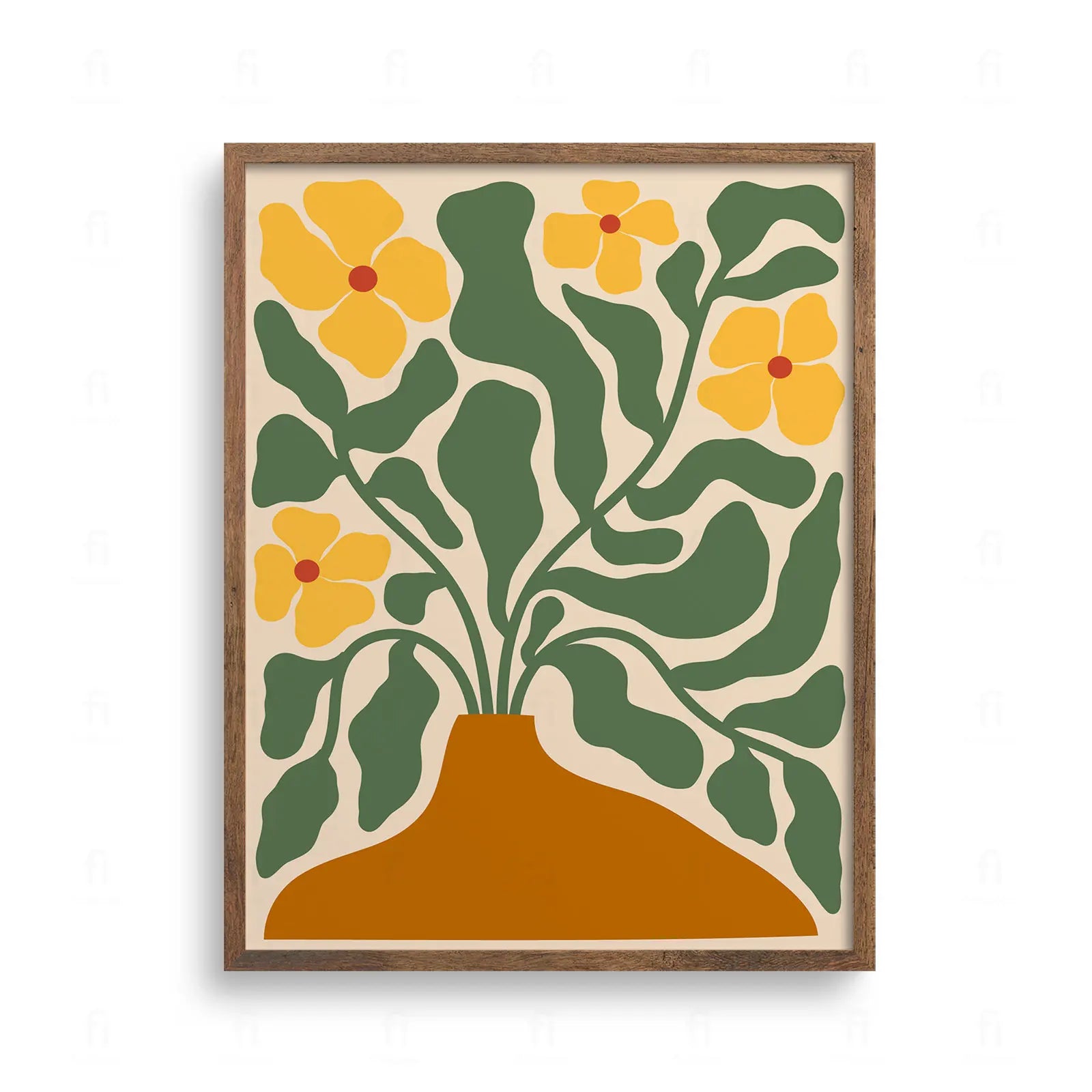 Graficzna ilustracja brązowego wazonu z bukietem żółtych kwiatów i bujnymi zielonymi liśćmi.