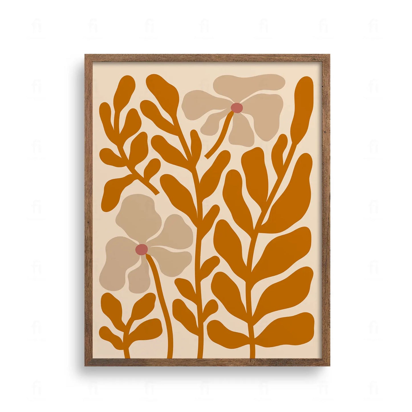 Delikatna grafika botaniczna z beżowymi kwiatami o różowych środkach i brązowymi łodygami na jasnym tle.