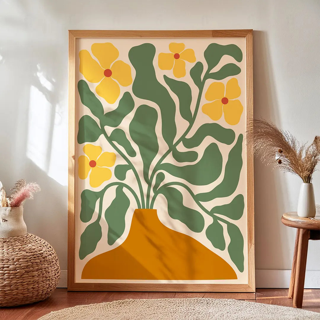 Plakat z żółtymi kwiatami w wazonie 