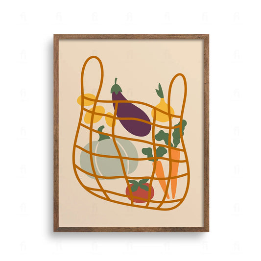 Ilustracja przedstawiająca siatkę na zakupy wypełnioną jesiennymi warzywami, takimi jak dynia, bakłażan, marchew i pomidor.