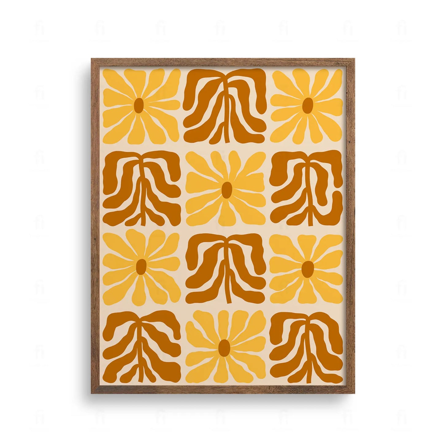 Geometryczny wzór w stylu retro składający się z kwadratowych pól z żółtymi kwiatami i brązowymi motywami roślinnymi.
