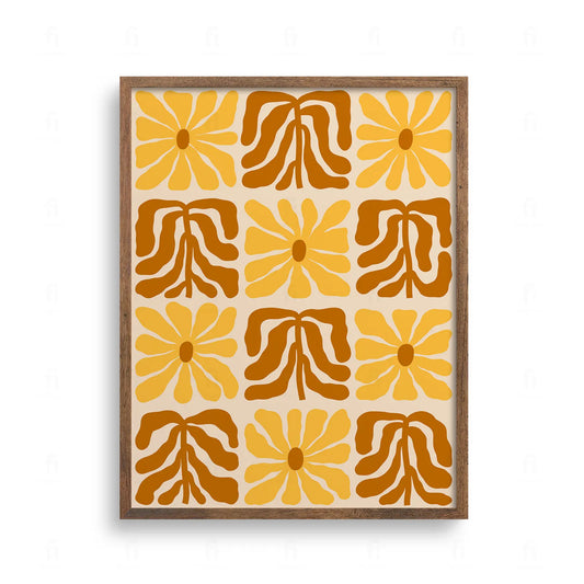 Geometryczny wzór w stylu retro składający się z kwadratowych pól z żółtymi kwiatami i brązowymi motywami roślinnymi.