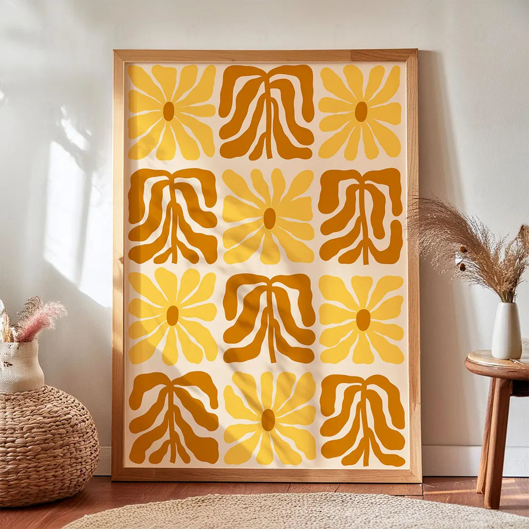 Geometryczny wzór składający się z kwadratowych pól z żółtymi kwiatami 