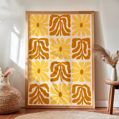 Geometryczny wzór składający się z kwadratowych pól z żółtymi kwiatami 