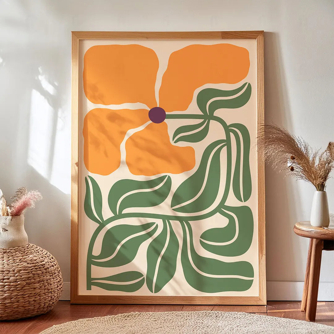 Plakat botaniczny z pomarańczowym kwiatem - boho