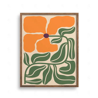 Nowoczesna ilustracja przedstawiająca pojedynczy duży kwiat o pomarańczowych płatkach i fioletowym środku, z grubymi zielonymi łodygami.

