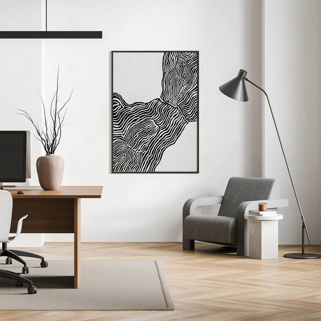 Abstrakcyjna grafika z czarnymi, organicznymi liniami na białym tle, przypominająca mapę topograficzną-pokój
