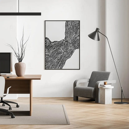 Abstrakcyjna grafika z czarnymi, organicznymi liniami na białym tle, przypominająca mapę topograficzną-pokój