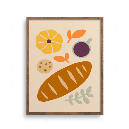 Graficzna kompozycja w stylu flat lay przedstawiająca chleb, ciastko, kubek z napojem, dynię i jesienne liście.