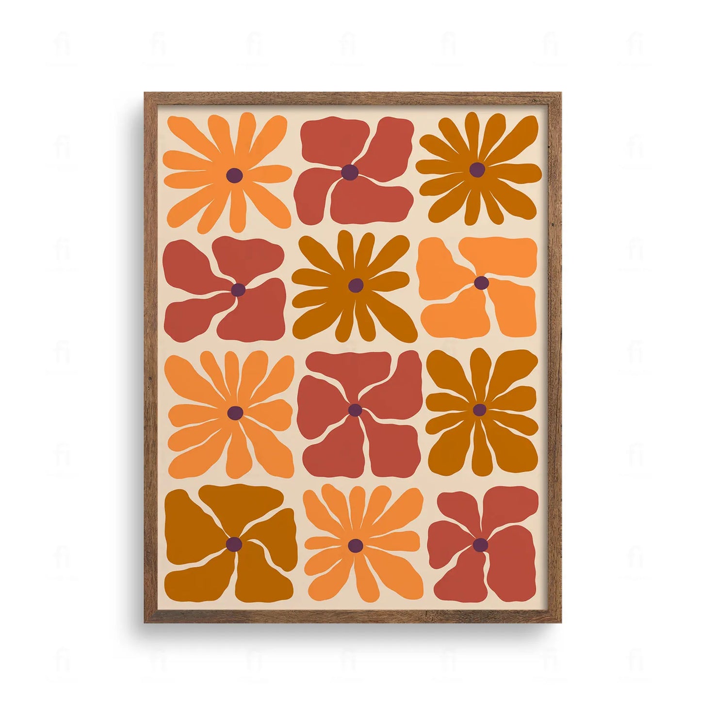 Geometryczny wzór w stylu retro składający się z kwadratowych pól z kwiatami w odcieniach pomarańczu i rdzy.