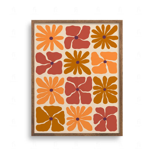 Geometryczny wzór w stylu retro składający się z kwadratowych pól z kwiatami w odcieniach pomarańczu i rdzy.