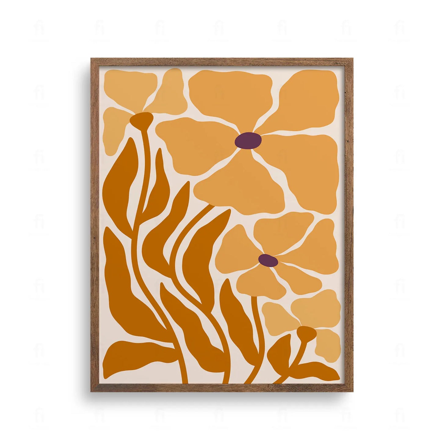 Nowoczesna grafika botaniczna z dużymi, abstrakcyjnymi kwiatami w odcieniach pomarańczu i ochry na jasnym tle.