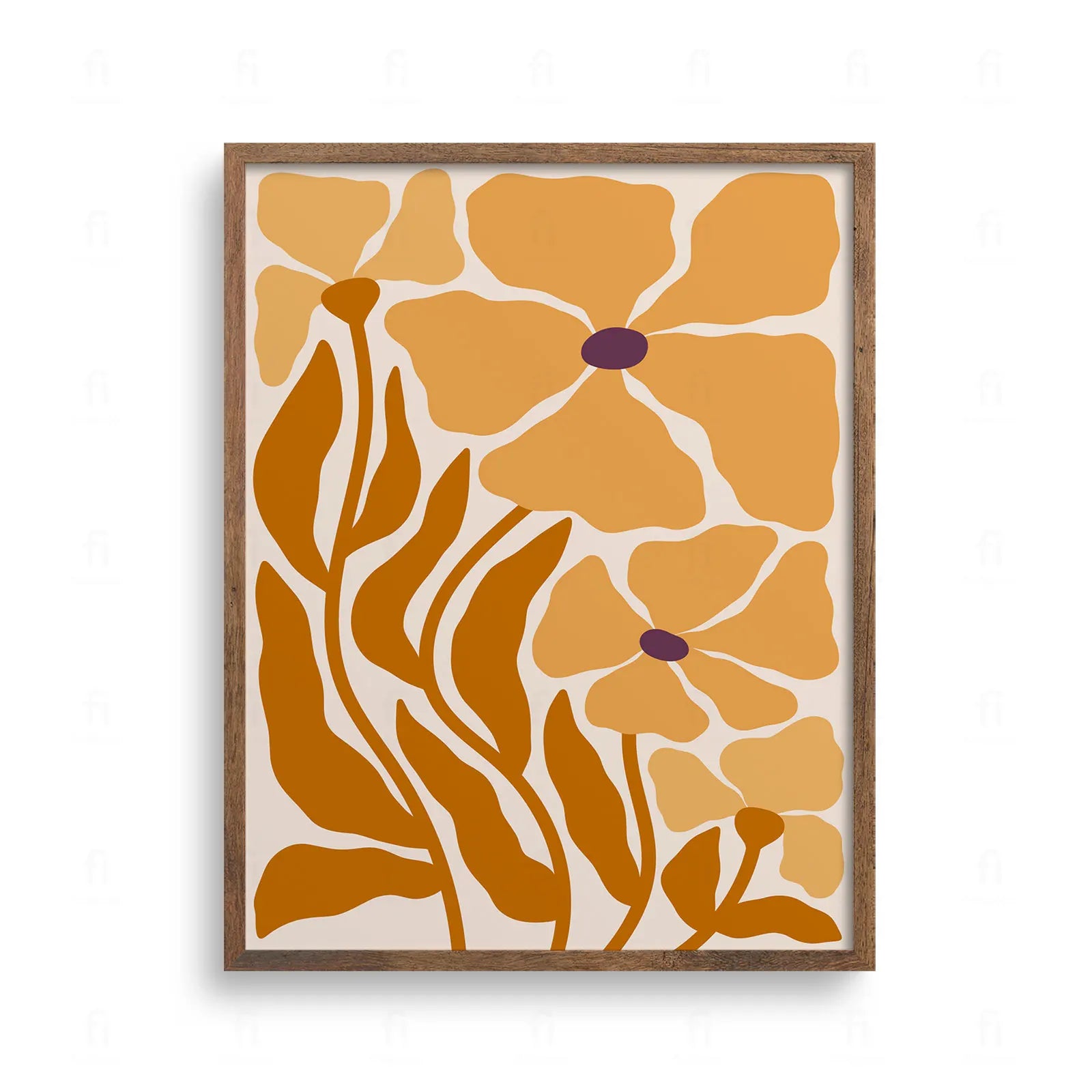 Nowoczesna grafika botaniczna z dużymi, abstrakcyjnymi kwiatami w odcieniach pomarańczu i ochry na jasnym tle.