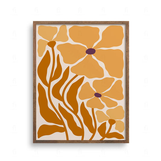 Nowoczesna grafika botaniczna z dużymi, abstrakcyjnymi kwiatami w odcieniach pomarańczu i ochry na jasnym tle.