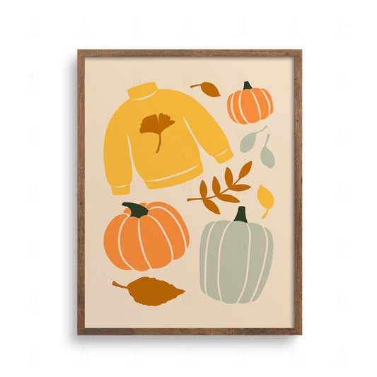 Urocza kompozycja graficzna z żółtym swetrem, trzema dyniami w różnych kolorach oraz jesiennymi liśćmi.