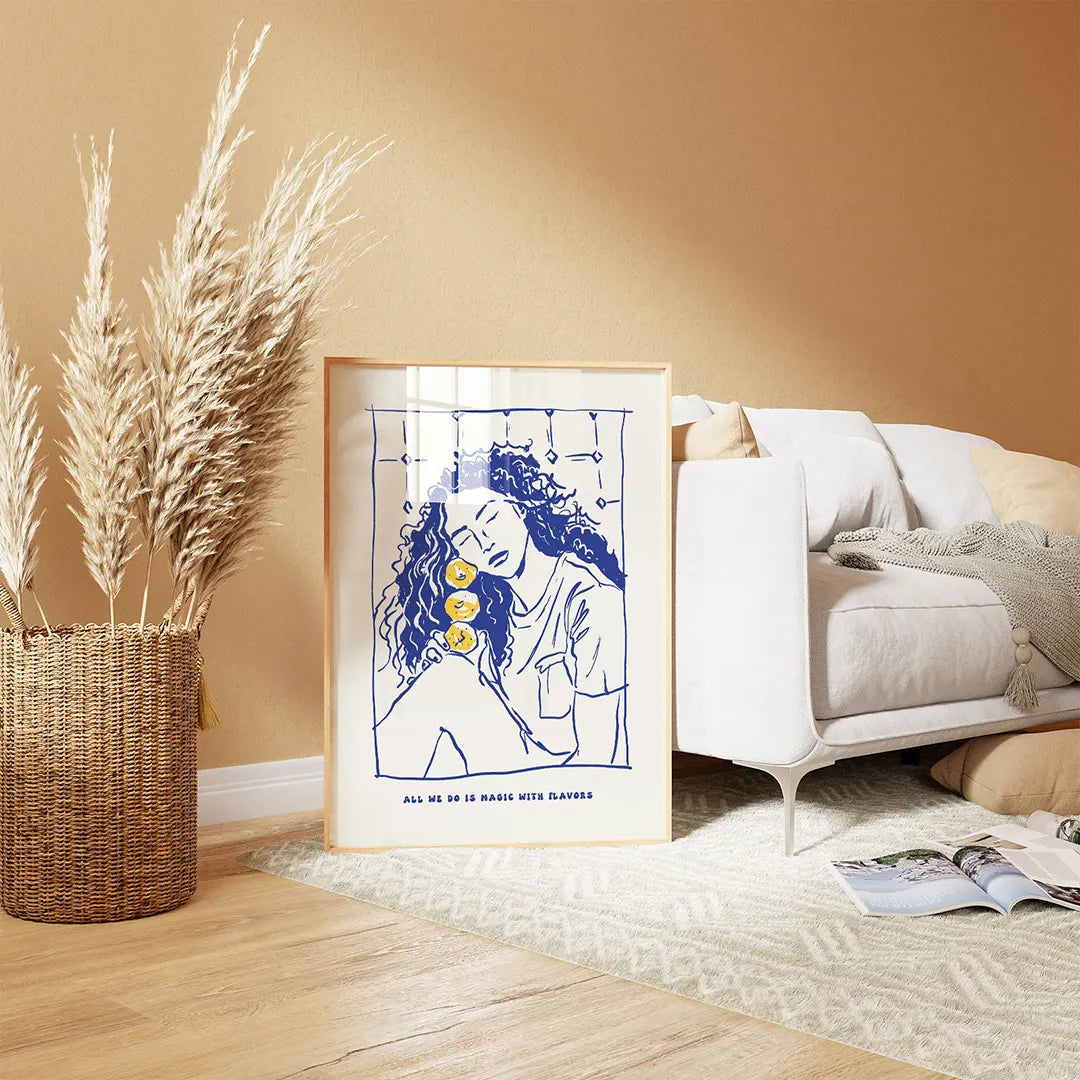 Plakat z kreatywną grafiką kulinarną i napisem "Magic with Flavors".
