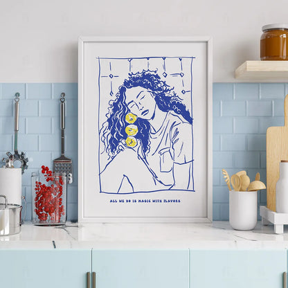 Plakat z kreatywną grafiką kulinarną i napisem "Magic with Flavors".
