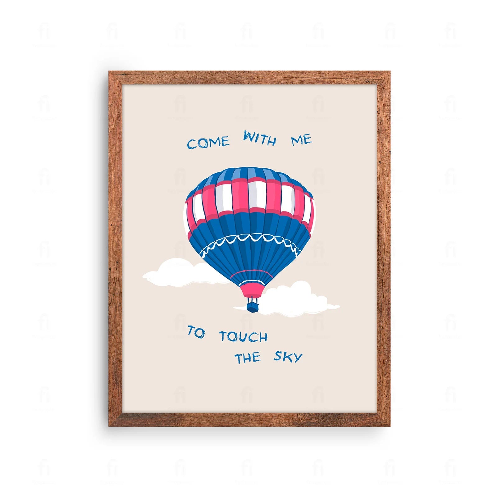 Plakat z inspirującą grafiką przedstawiającą balon na ogrzane powietrze i napis "Dotknij Nieba".
